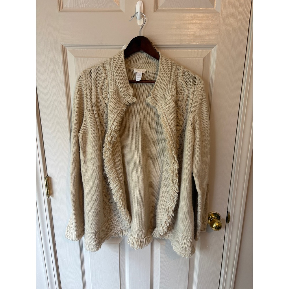 Chico's Cardigan Women Size 2 Beige Cable Knit Fringe Open Front Sweater Cozy